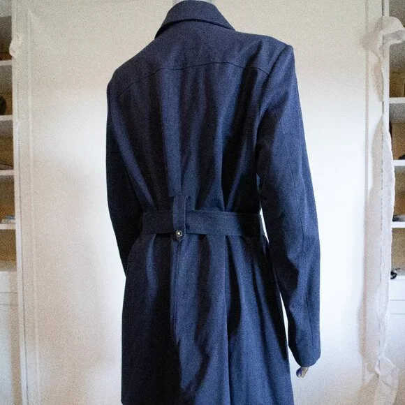 Navy Trench Coat With Grey Tortoiseshell Buttons Belted - Picture 5 of 6